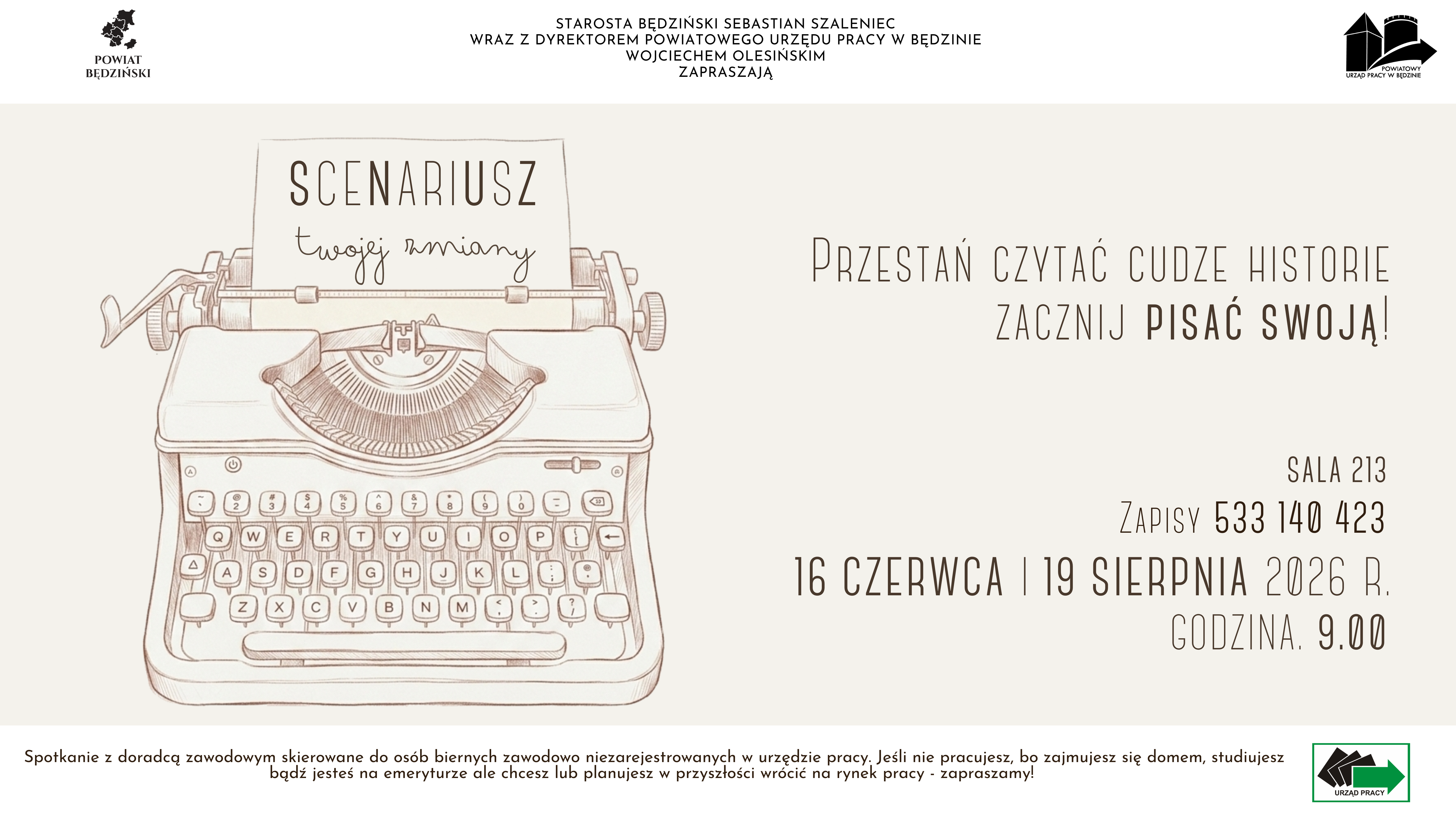 Zaproszenie na spotkanie dla osób biernych zawodowo „Scenariusz Twojej zmiany” w PUP Będzin